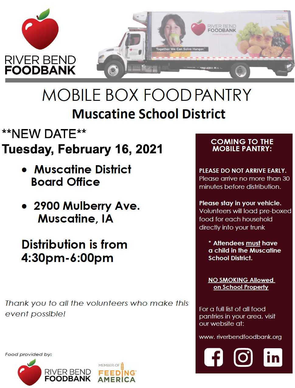 River Bend Mobile Food Bank New Date Tuesday, February 16, 2021